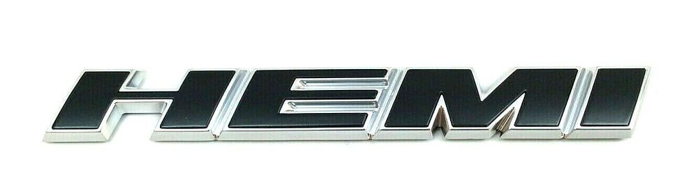 Front view of the 2015-2019 HEMI Black And Chrome Nameplate Fender 68234615AB displaying the gloss black lettering and mirror