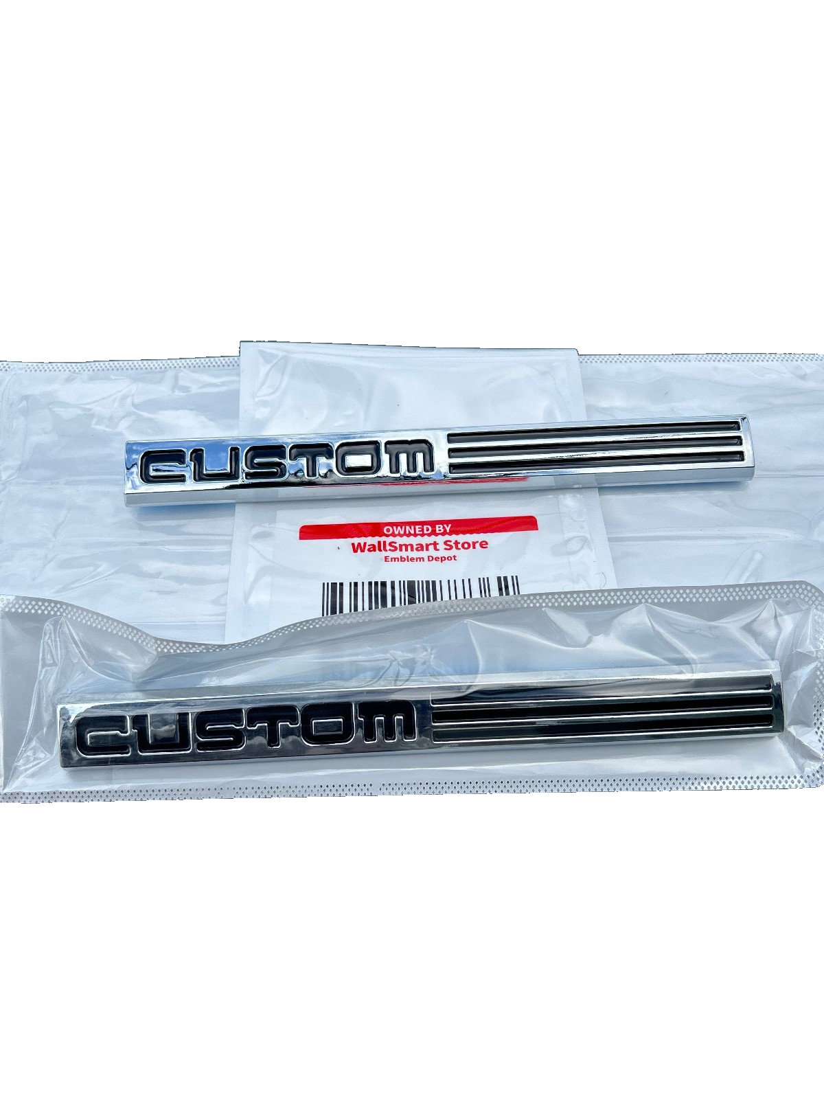 87-91 Ford "CUSTOM" Side Door Chrome Nameplate E7TZ-16098-J Front View Badge Set