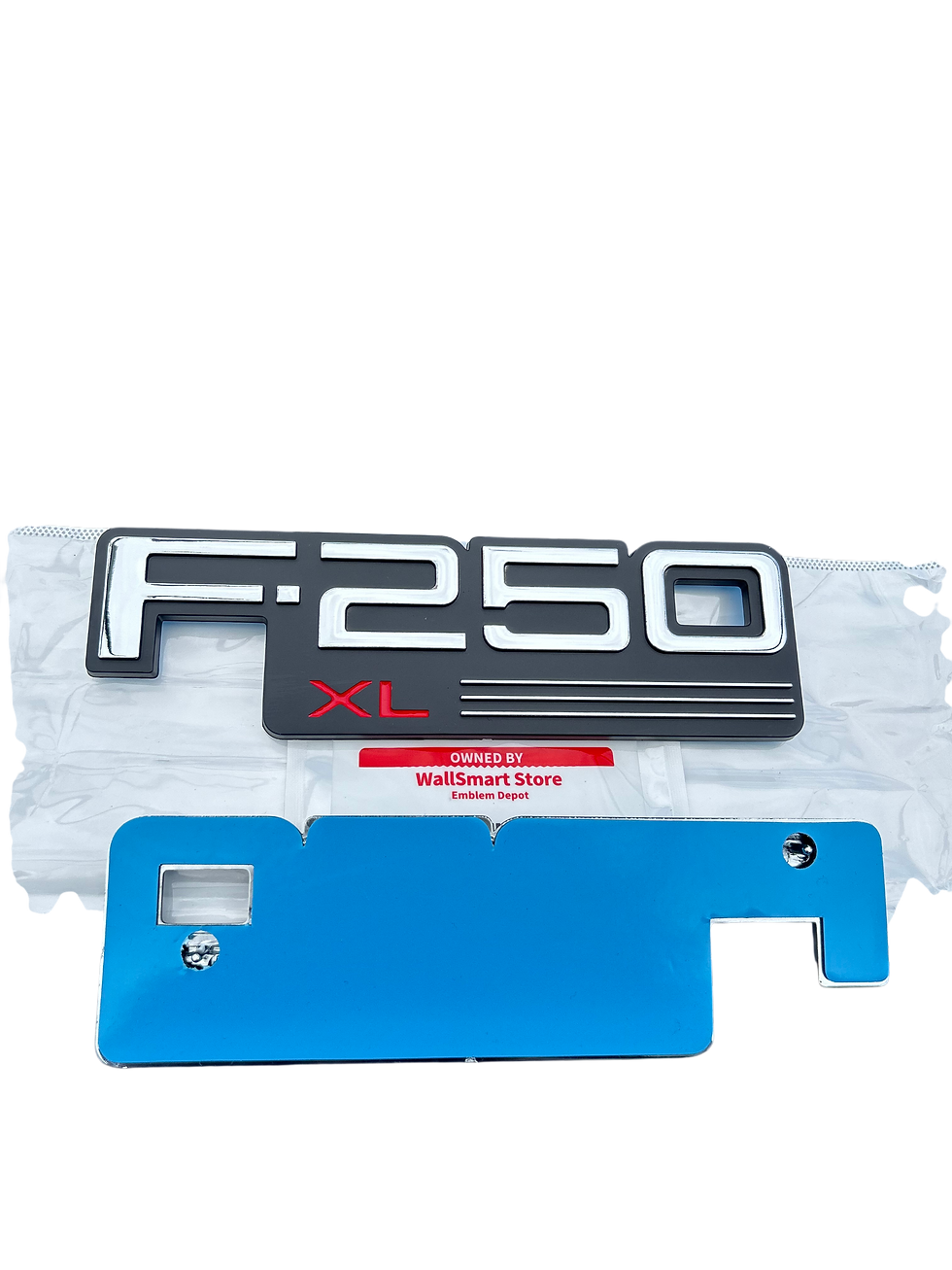 Front And Back View of 92-96 Ford F-250 XL (RED) Fender F3TZ16720E Nameplate Set showing driver and passenger side emblems
