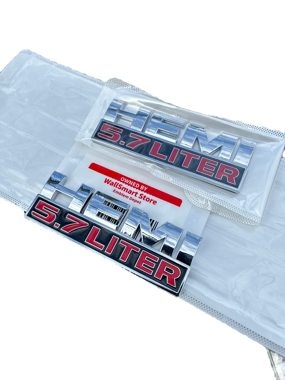 13-24 Hemi 5.7 Liter Black & Red 68149700AB Fender Nameplate Set showing the front face of the emblem with silver lettering