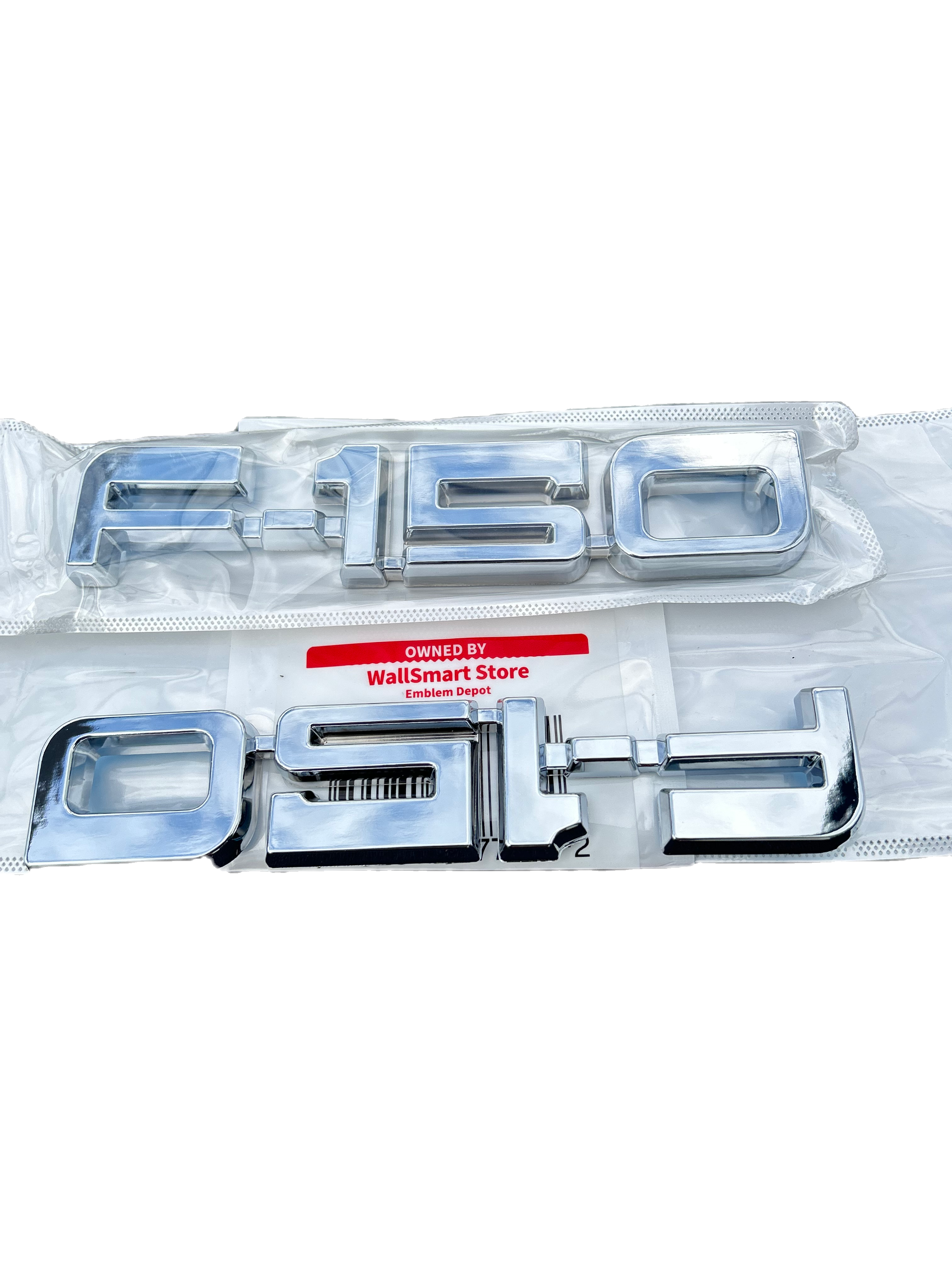 Front View of 1987-1991 Ford F-150 Door Fender E7TZ-16720-A Nameplate Set chrome emblems