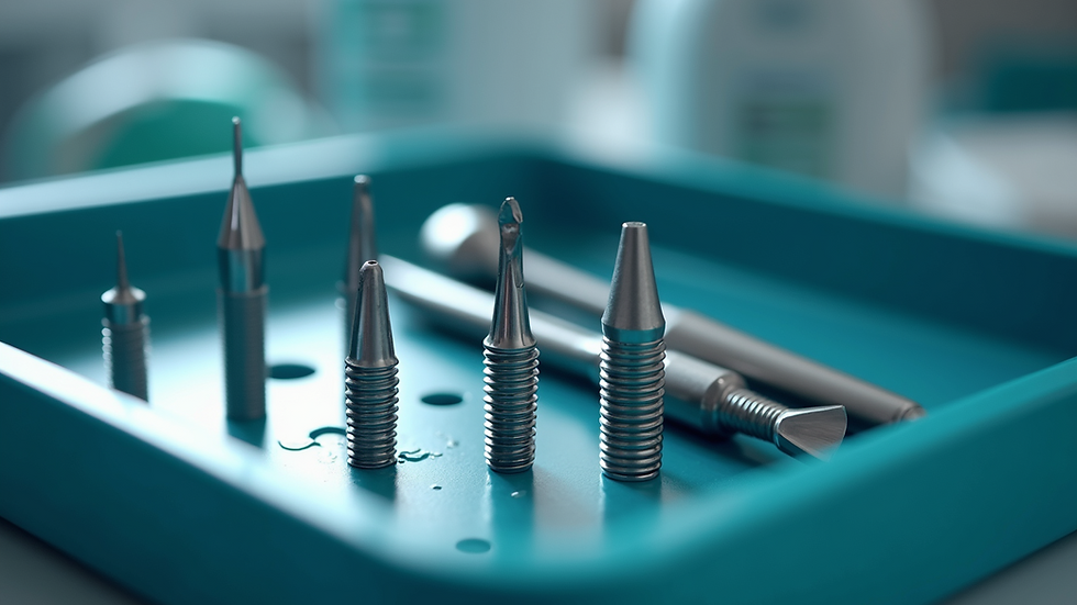 Close-up view of dental implant surgical tools on tray