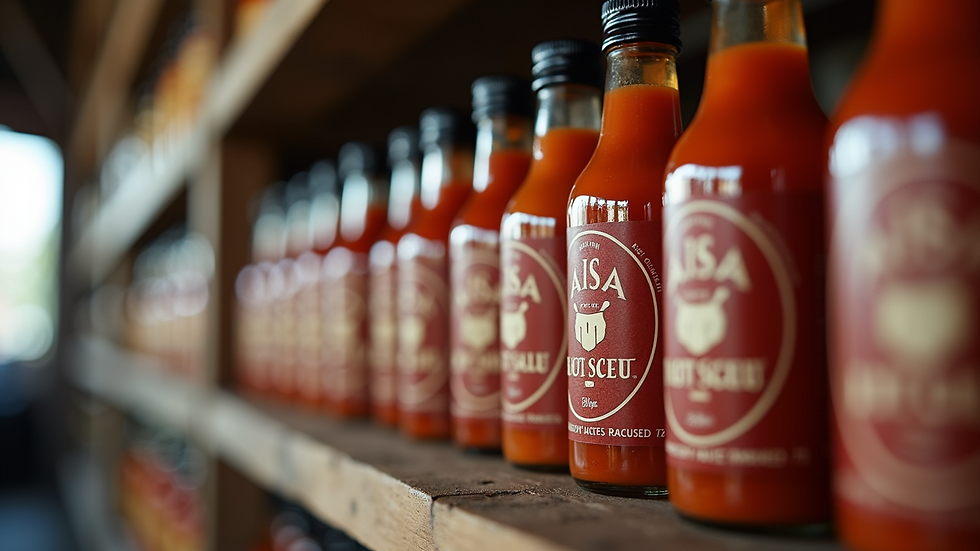 Eye-level view of small-batch hot sauce bottles arranged on a rustic wooden shelf