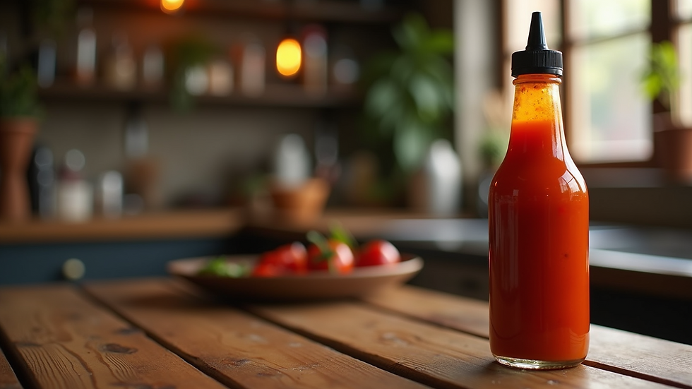 Close-up view of a bottle of smoky chipotle hot sauce on a wooden table