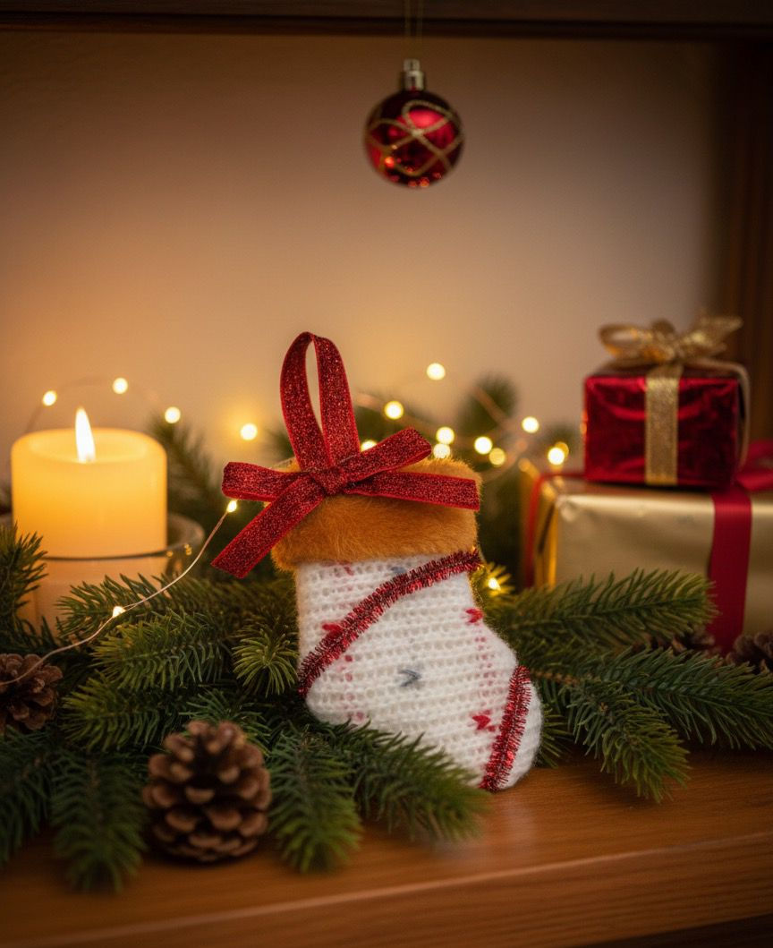 Yılbaşı Süsü Örgü Çorap – Kırmızı & Beyaz / 10 cm