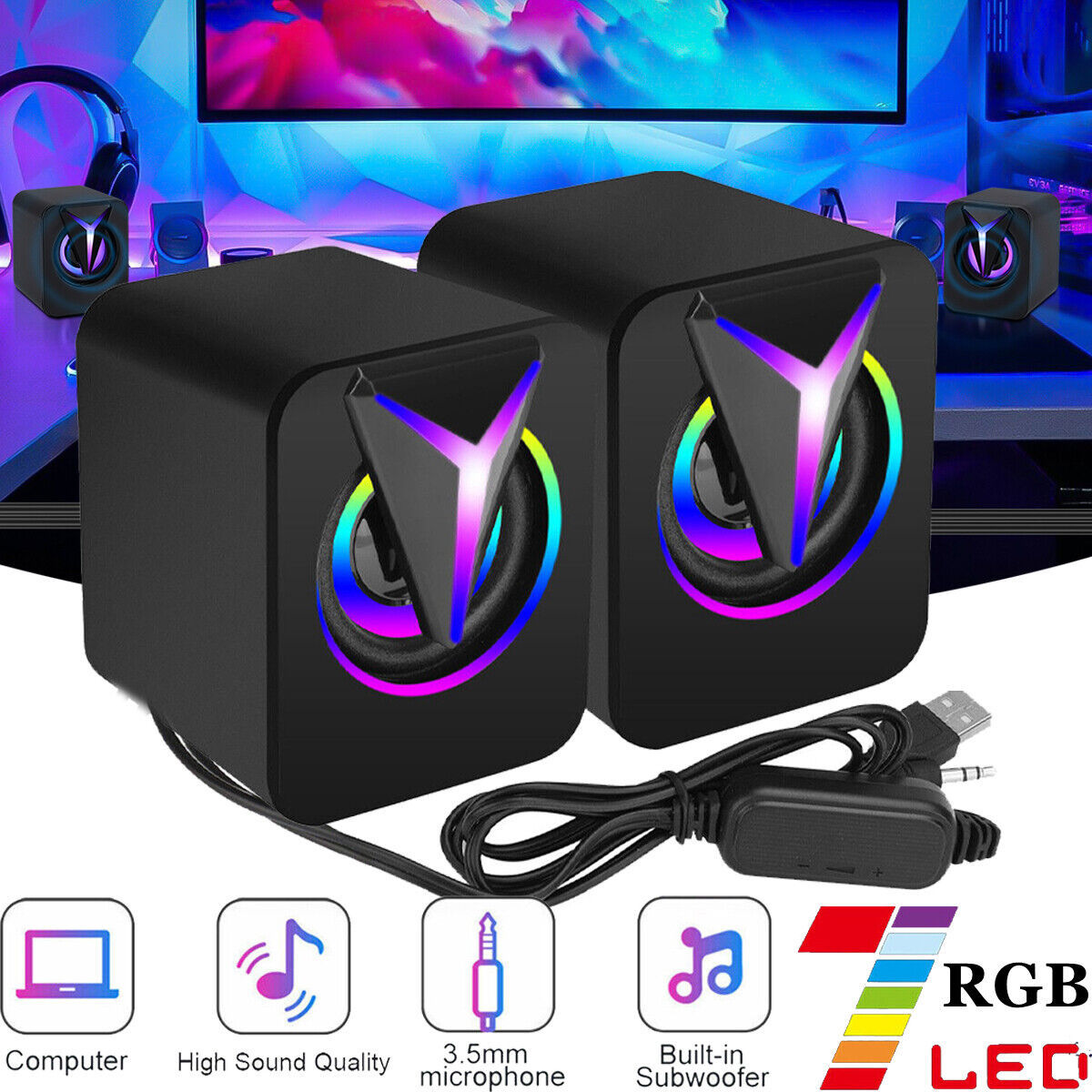 USB Wired Computer Speakers PC Sound Box Hifi Stereo 3.5mm Jack With RGB LED Lig