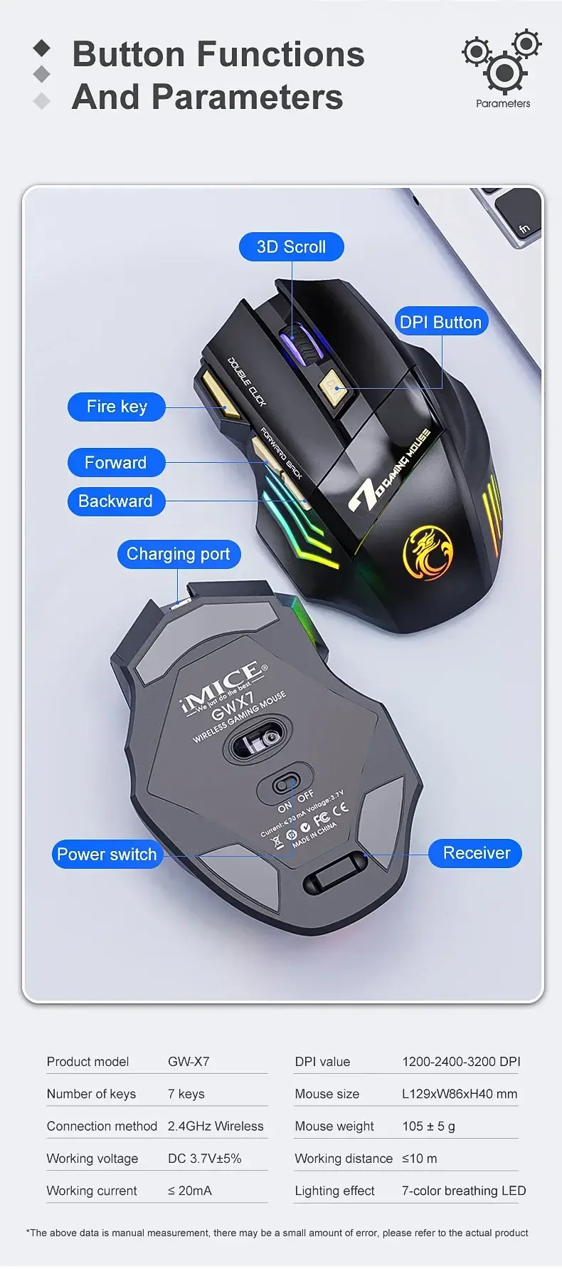 Thumbnail: Wireless Gaming Mouse USB Imice GW-X7 3200dpi Dual Mode Rechargeable 7 Keys