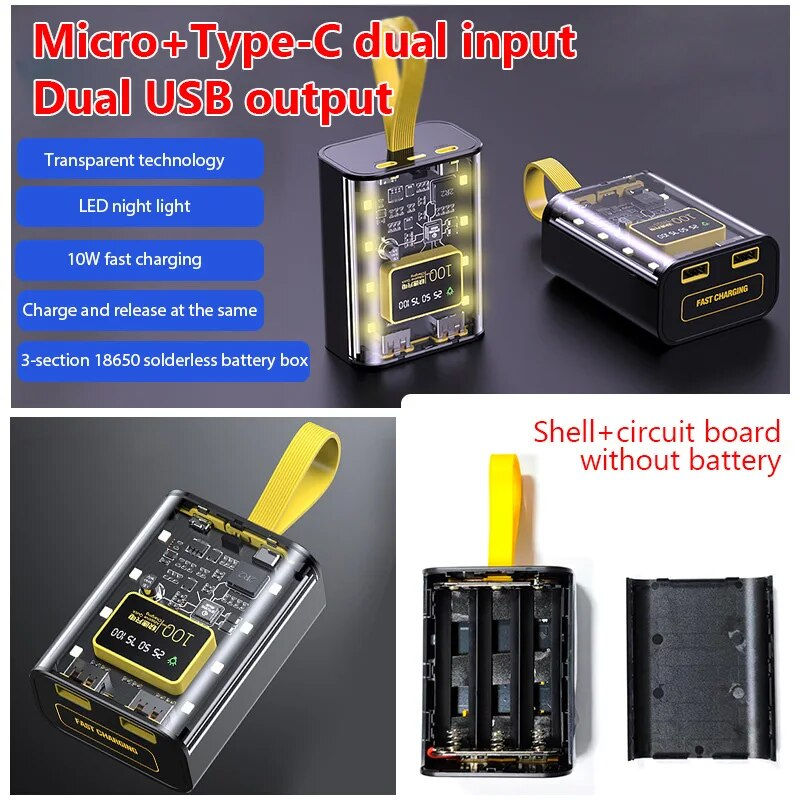 Thumbnail: 3*18650 Power Bank Cases Battery Storage Box Night Light Dual USB Charge Diy She