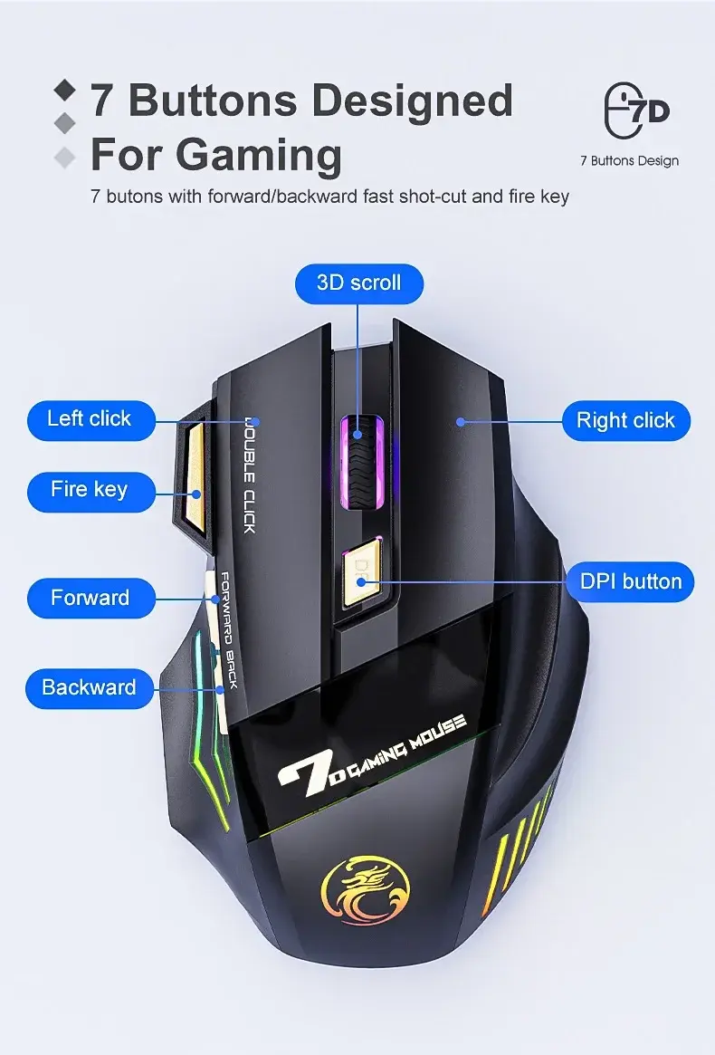 Thumbnail: Wireless Gaming Mouse USB Imice GW-X7 3200dpi Dual Mode Rechargeable 7 Keys