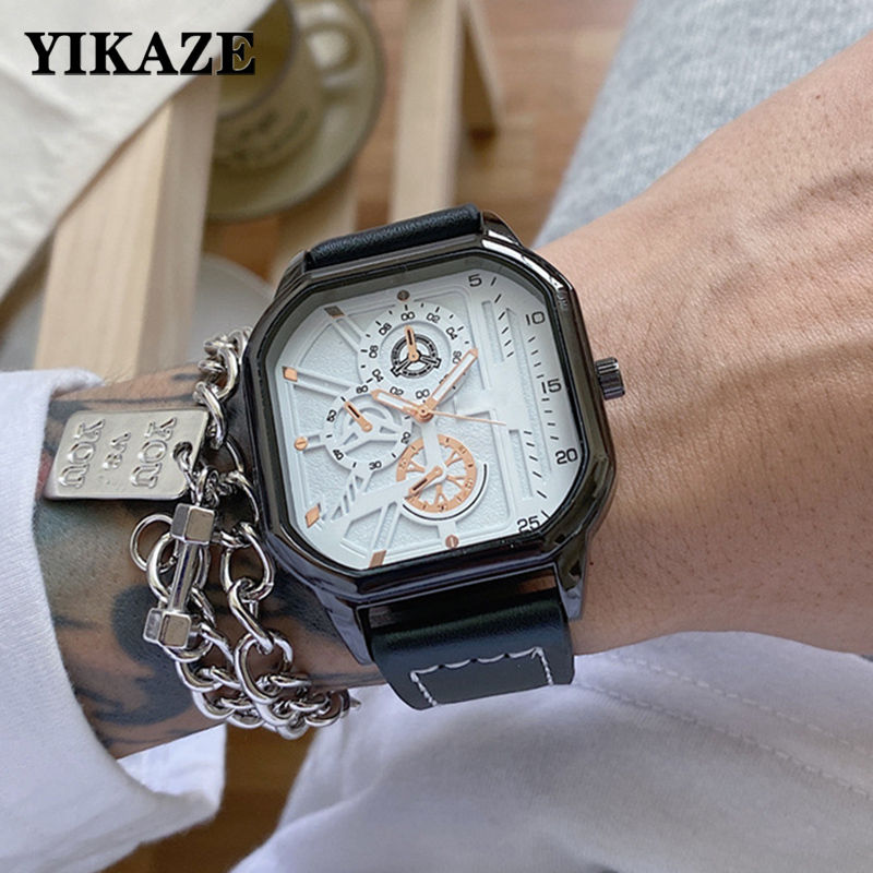 Thumbnail: Yikaze Alloy Men Quartz Watches Leather Strap Big Dial Student Square Sports Wat