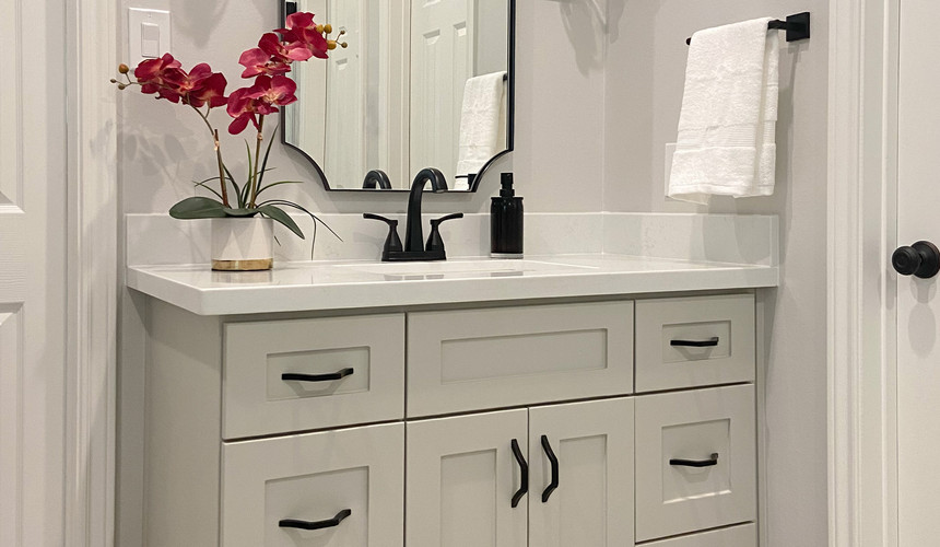 grey color scheme of a master bathroom vanity - home renovation