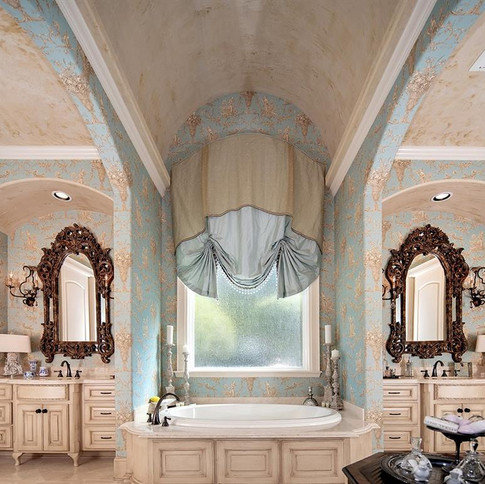 BEFORE of the master bathroom design - Master Bathroom design image of vanity with blue cabinetry and gold accented, geometric, modern mirror interior design, colorful bathroom in the Woodlands, TX 