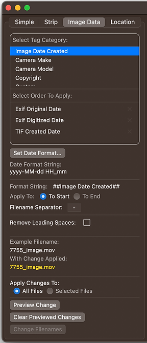 Access image and photo metadata to add to the filename.