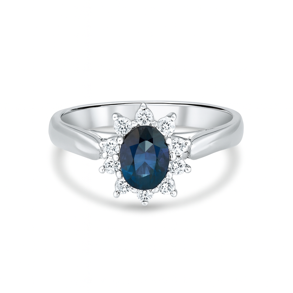 Blue Sapphire and Diamond Ring - 9k White Gold