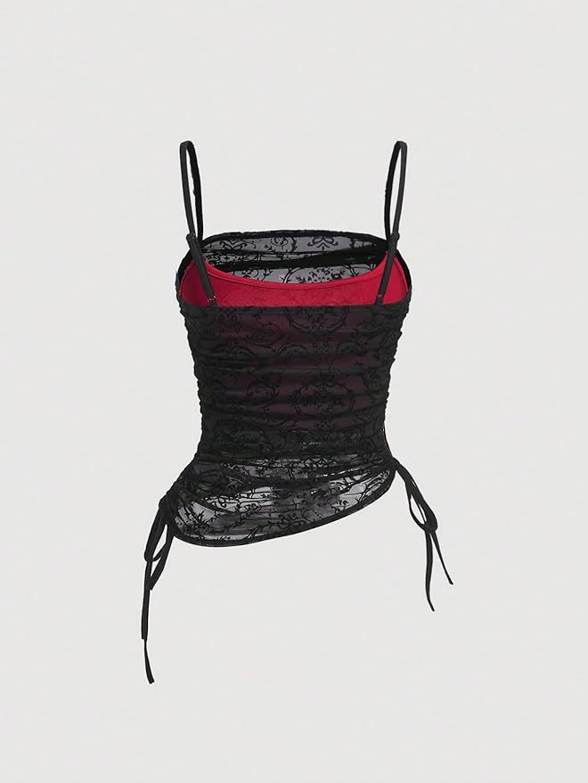 Miniatura: Blusa Gótica de Tule e Renda Preta com Forro Vermelho e Drapeado Lateral