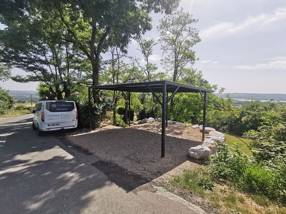 abri de voiture en acier thermolaqué noir, conçu sur-mesure pour s'intégrer parfaitement à l'environnement