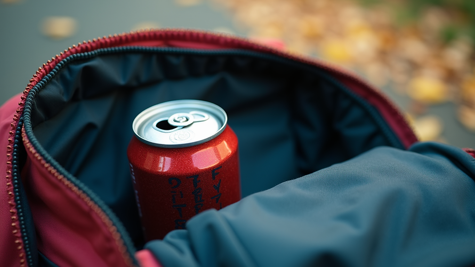 Pohľad na školský batoh s plechovkou energetického nápoja vo výške očí