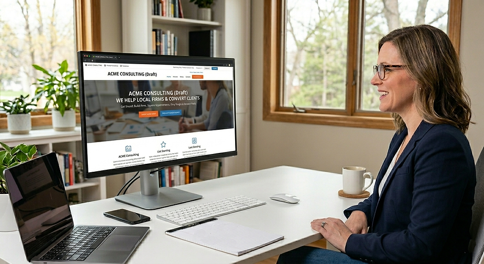 A female business consultant in a navy blazer and glasses sitting relaxed at a bright office desk, looking at a desktop monitor displaying a website audit draft. A laptop, notebook with "5-Second Test" written on it, and a coffee mug sit on the clean white desk.
