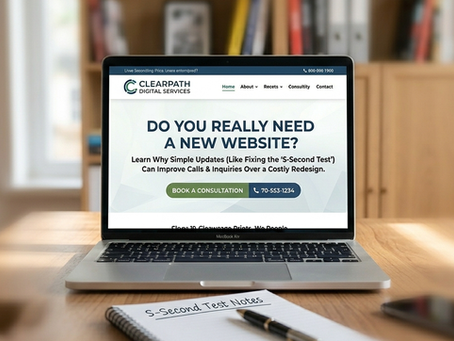 A front-facing laptop open on a wooden desk, displaying a professional business website with the headline "Do You Really Need a New Website?". The background of a home office bookshelf is softly blurred, focusing entirely on the laptop screen. In the foreground, a notebook with the handwritten title "5-Second Test Notes" and a pen sit slightly out of focus.