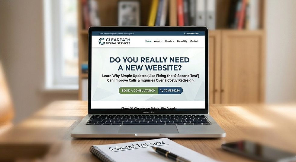 A front-facing laptop open on a wooden desk, displaying a professional business website with the headline "Do You Really Need a New Website?". The background of a home office bookshelf is softly blurred, focusing entirely on the laptop screen. In the foreground, a notebook with the handwritten title "5-Second Test Notes" and a pen sit slightly out of focus.