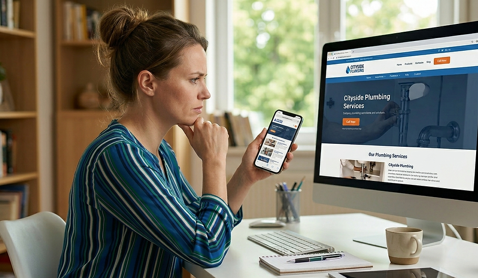 A small-business owner is concerned looking at her website desktop view against her website mobile view from her home office, illustrating common visibility and reputation alignment issues.