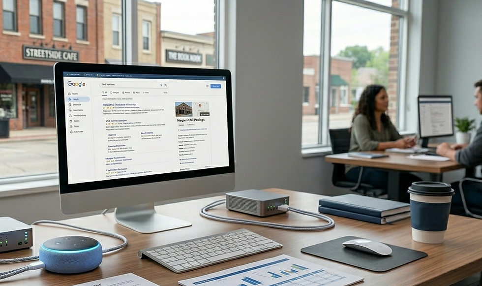 Professional man and woman collaborating at a desk by a window, viewing AI search results on a computer display.
