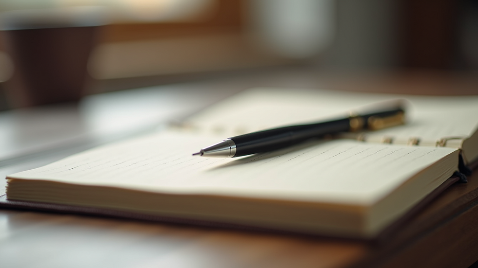 Close-up view of a notebook and pen on a wooden desk, symbolizing journaling and self-reflection