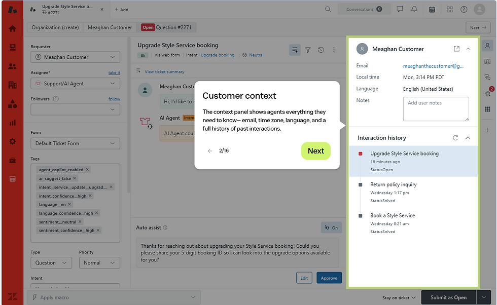 Zendesk Copilot context panel displaying customer information alongside a support ticket.