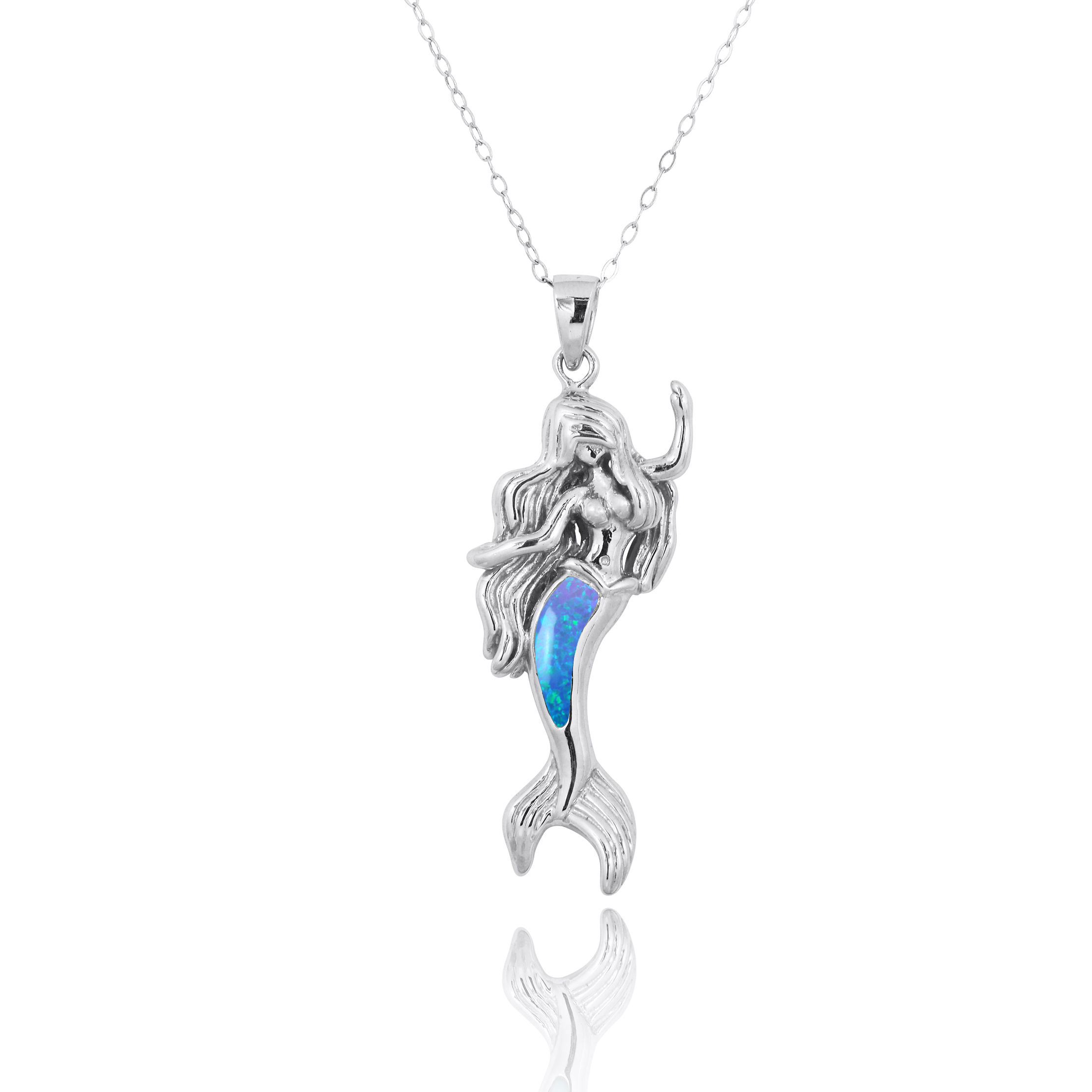Sterling Silver 925 Mermaid Pendant with Simulated Blue Opal