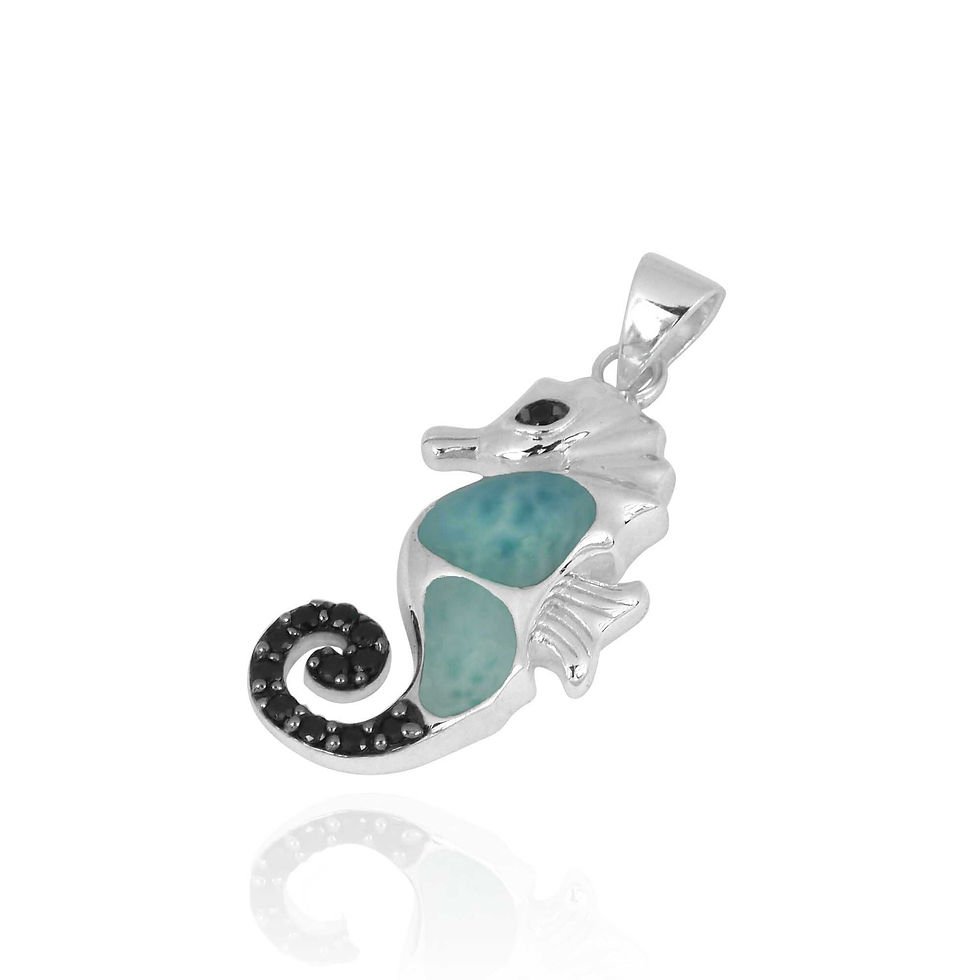 Thumbnail: Unique Sea Horse Sterling Silver Pendant with Larimar Stone and Black Spinels