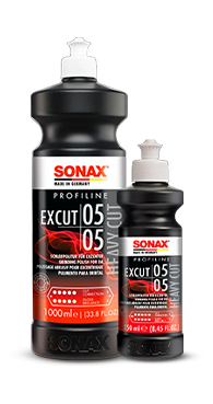 Composto Polidor SONAX Profiline ExCut 05-05 aplicado no polimento automotivo para correção intermediária com alto nível de corte e ótimo acabamento.