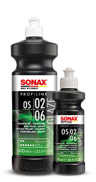 Composto Polidor SONAX Profiline One Step OS 02-06 aplicado no polimento automotivo para correção e acabamento em uma única etapa.