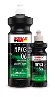 Composto Polidor SONAX Profiline NP 03-06 Nano Polish utilizado na etapa de acabamento para refino da pintura automotiva com alto brilho e suavidade na correção.