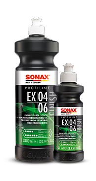 Composto Polidor SONAX Profiline EX 04-06 aplicado no polimento automotivo para acabamento refinado, garantindo alto brilho e superfície livre de hologramas.