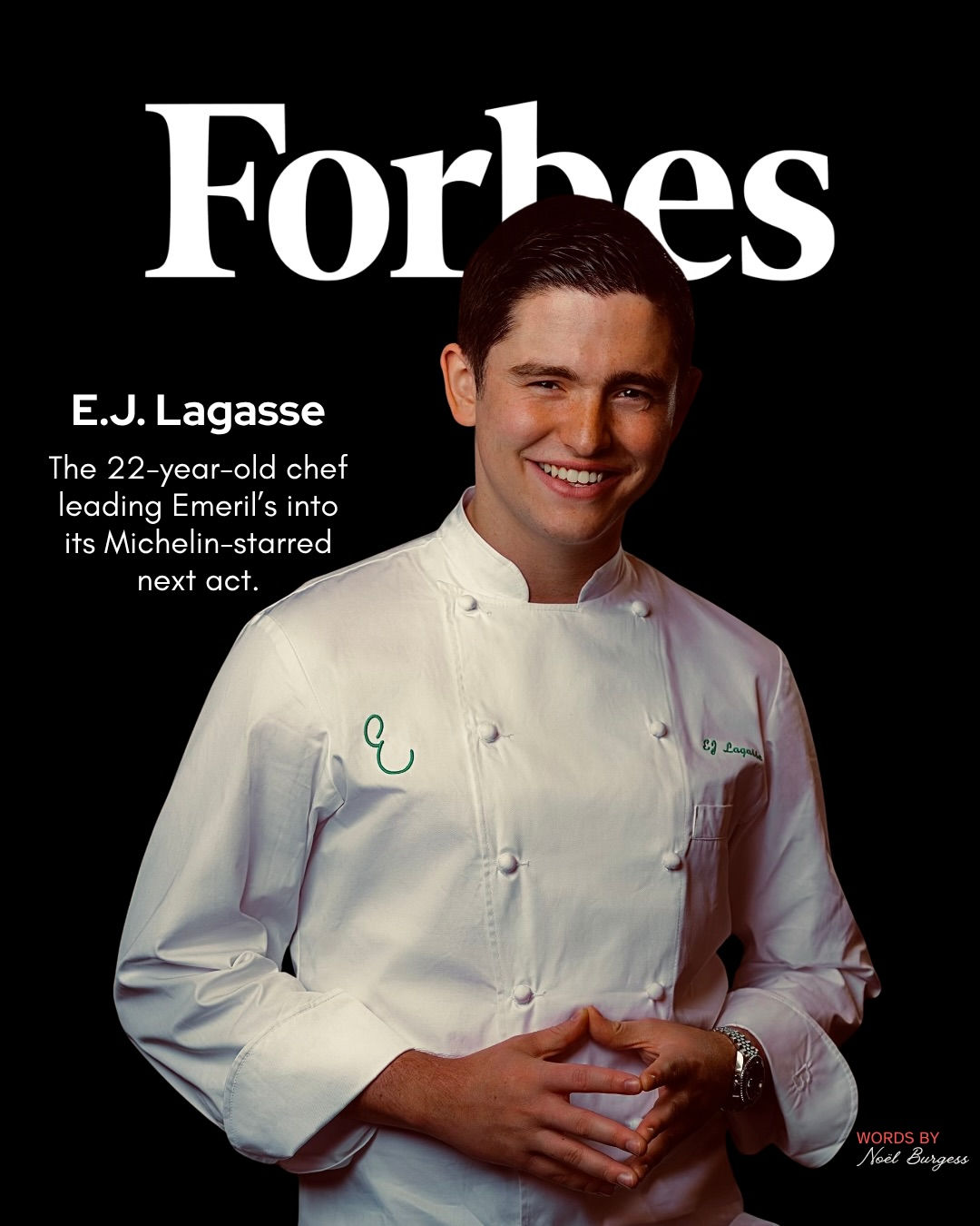 EJ Lagasse on Forbes magazine cover, wearing a white uniform.