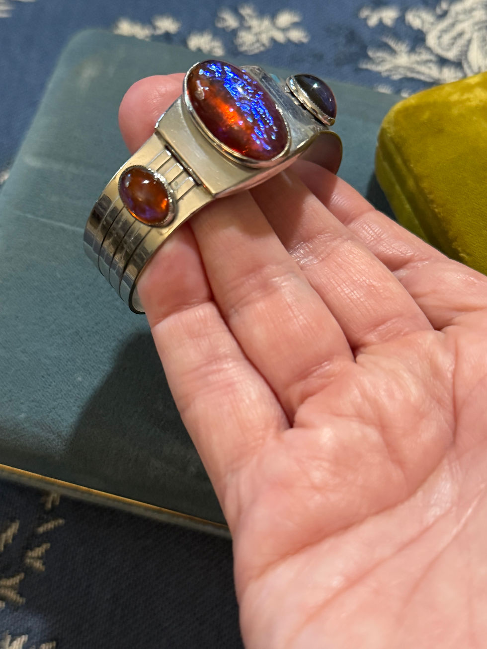 Thumbnail: Vintage 1930s Art Deco Dragon's Breath Glass Hinged Cuff Bracelet | 1935 Patent