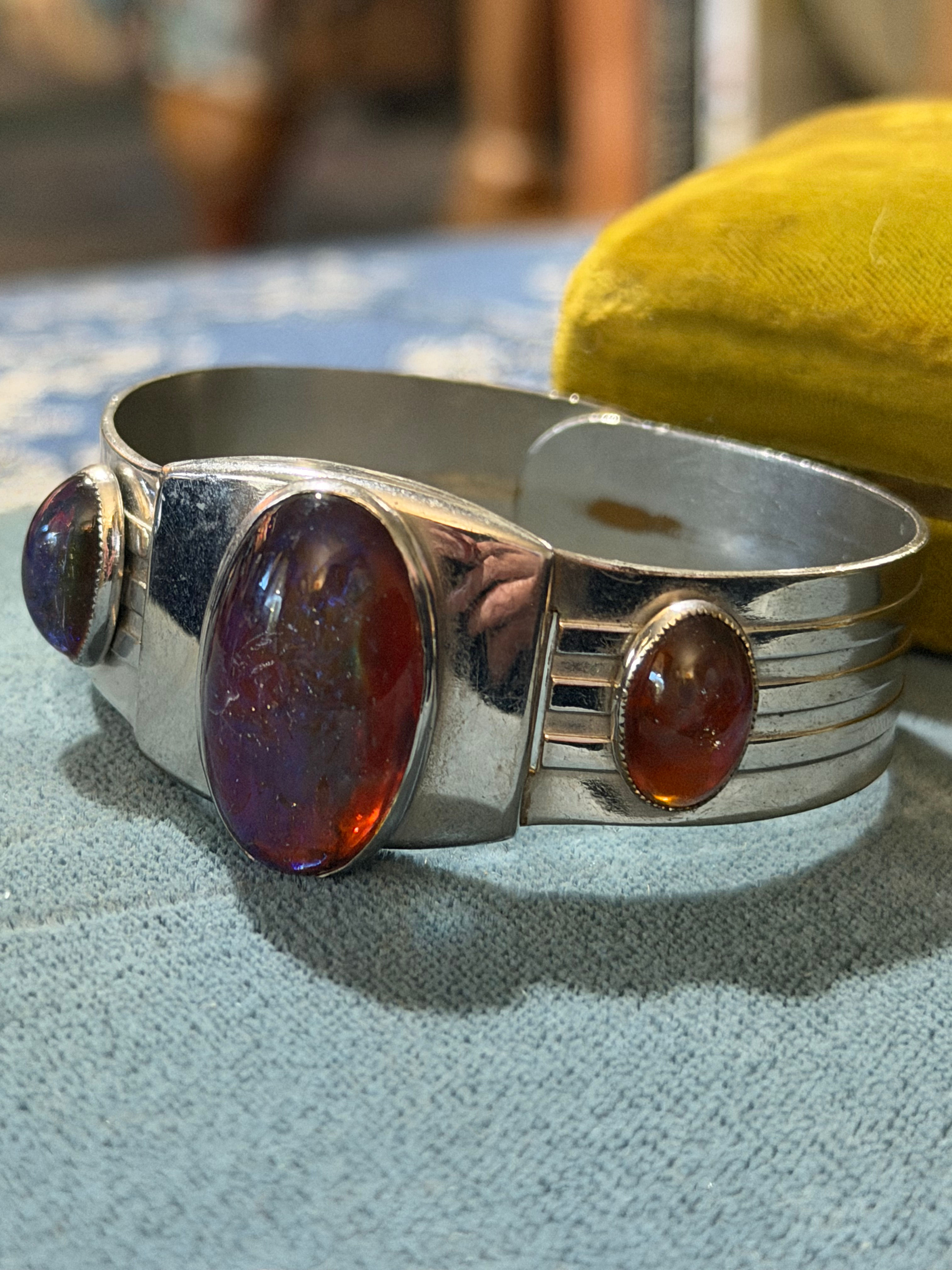 Vintage 1930s Art Deco Dragon's Breath Glass Hinged Cuff Bracelet | 1935 Patent