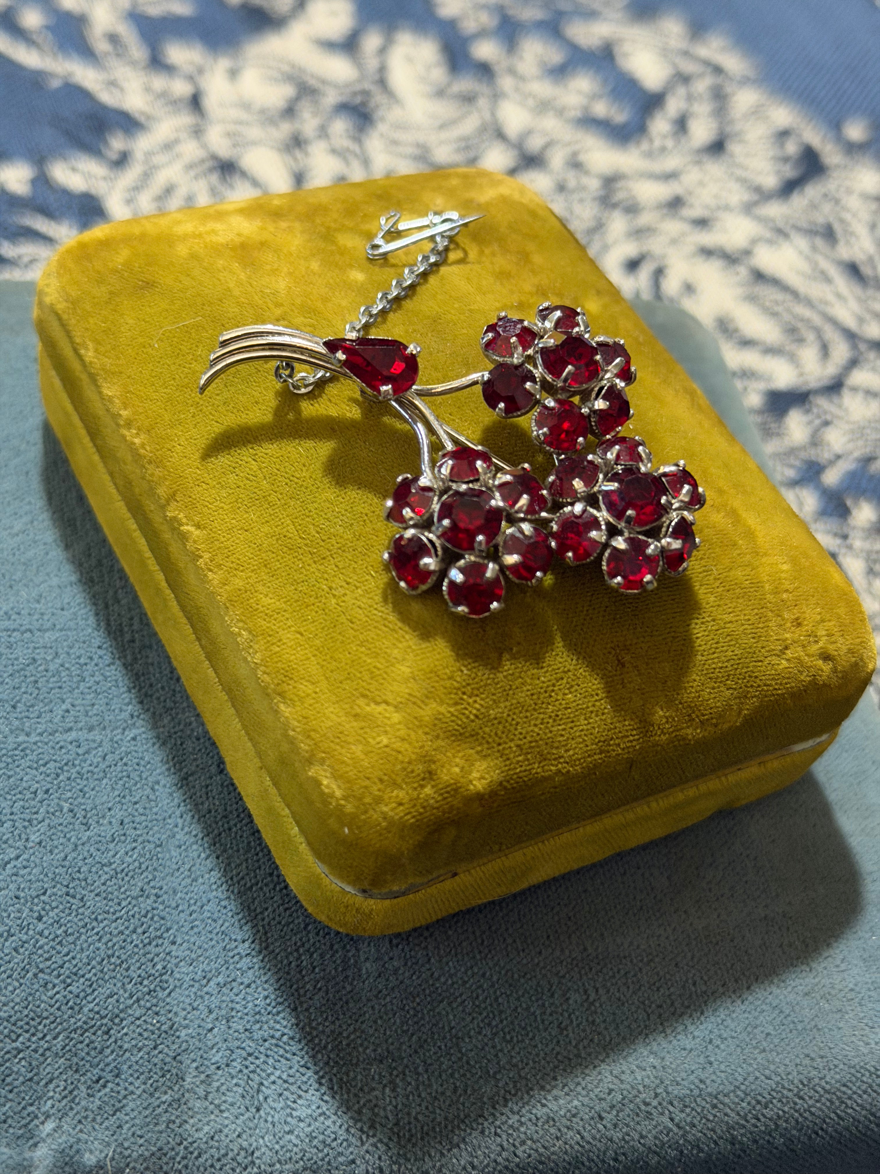 Vintage Ruby Red Crystal Floral Bouquet Brooch | Prong Set Rhinestones | Safety