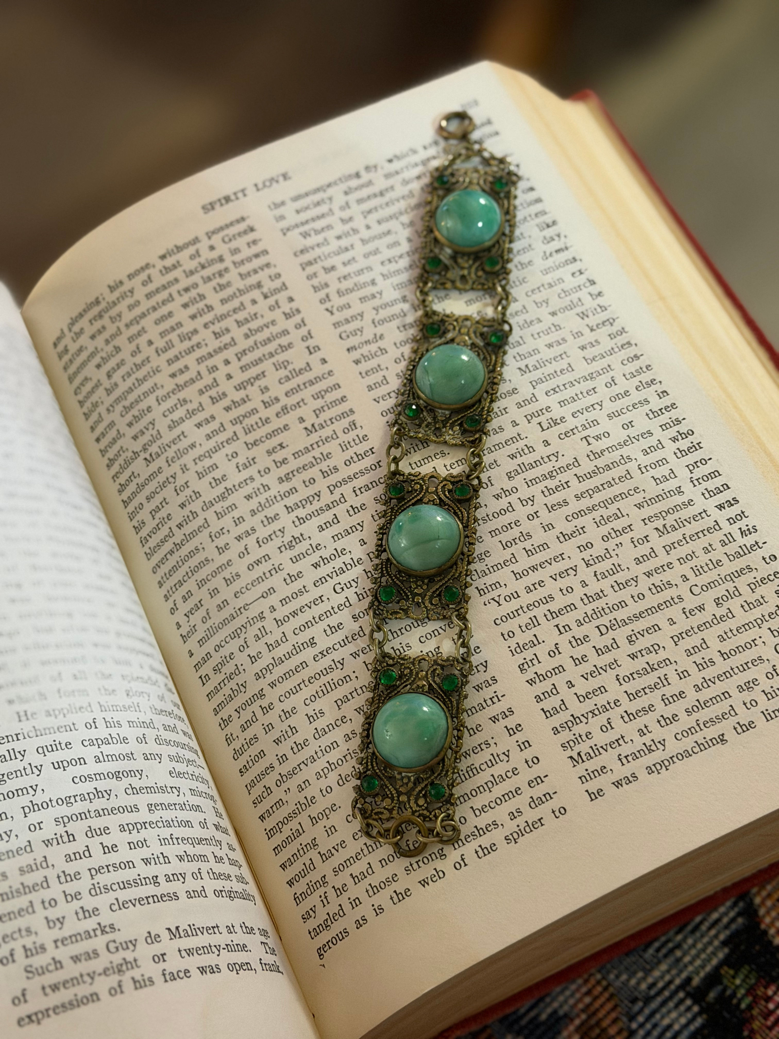 Antique Art Deco Czech Glass Filigree Panel Bracelet | Green Glass Cabochons | c
