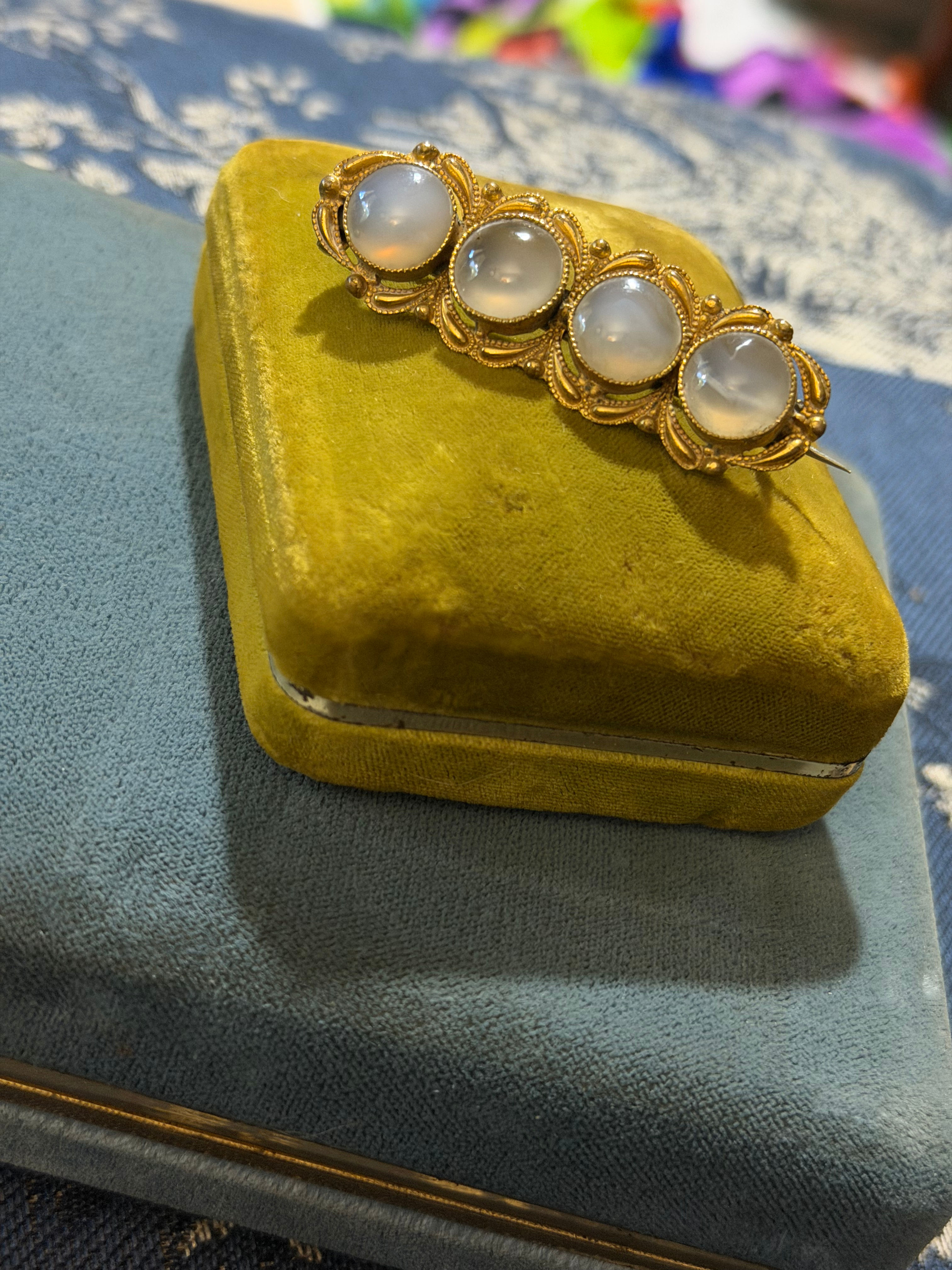 Antique Victorian Four-Stone Chalcedony Bar Brooch | Ornate Gold-Tone Setting |