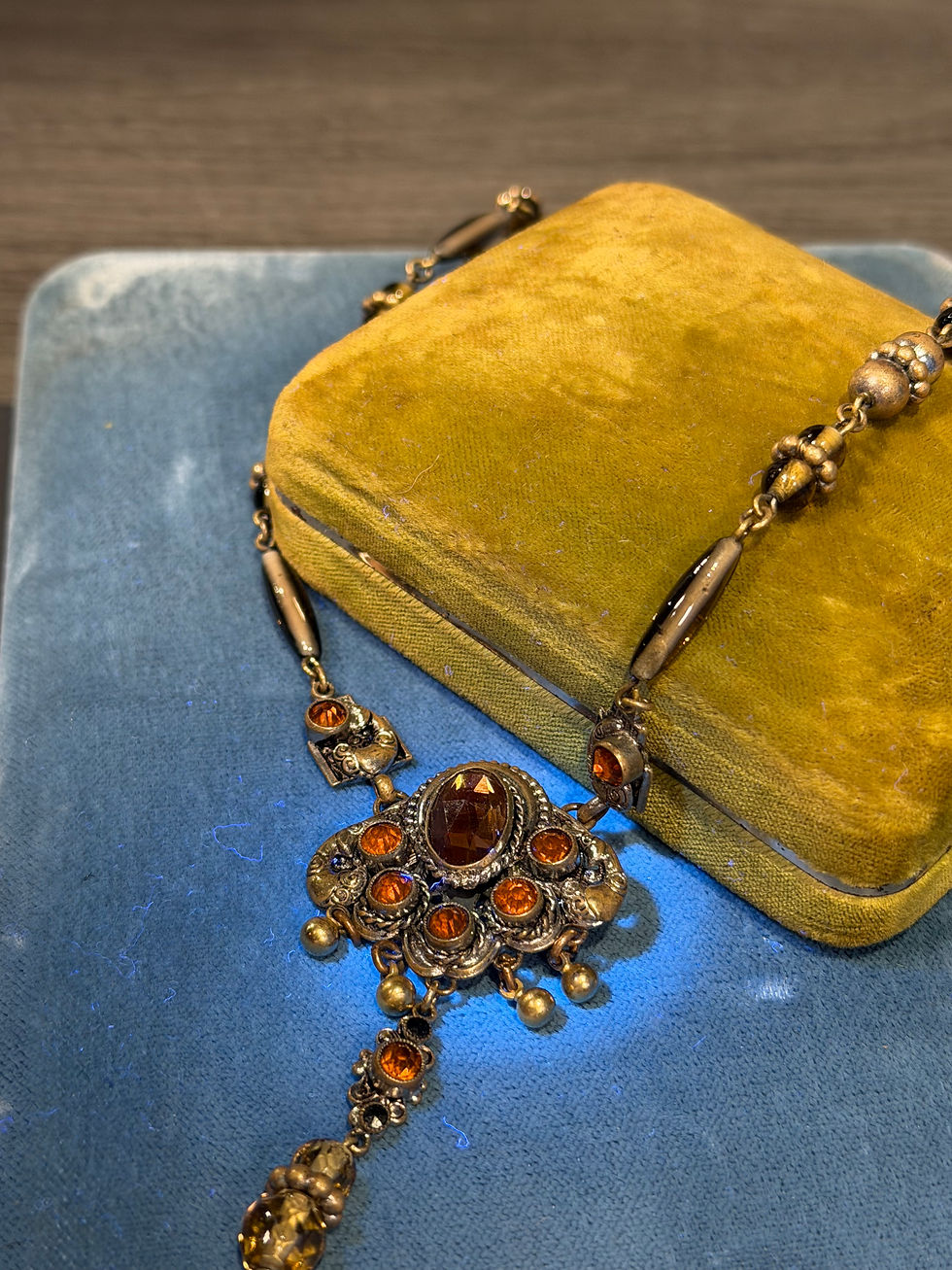 Thumbnail: Antique 1920s Czech Art Deco Amber Glass Necklace | Attributed to Neiger Brother