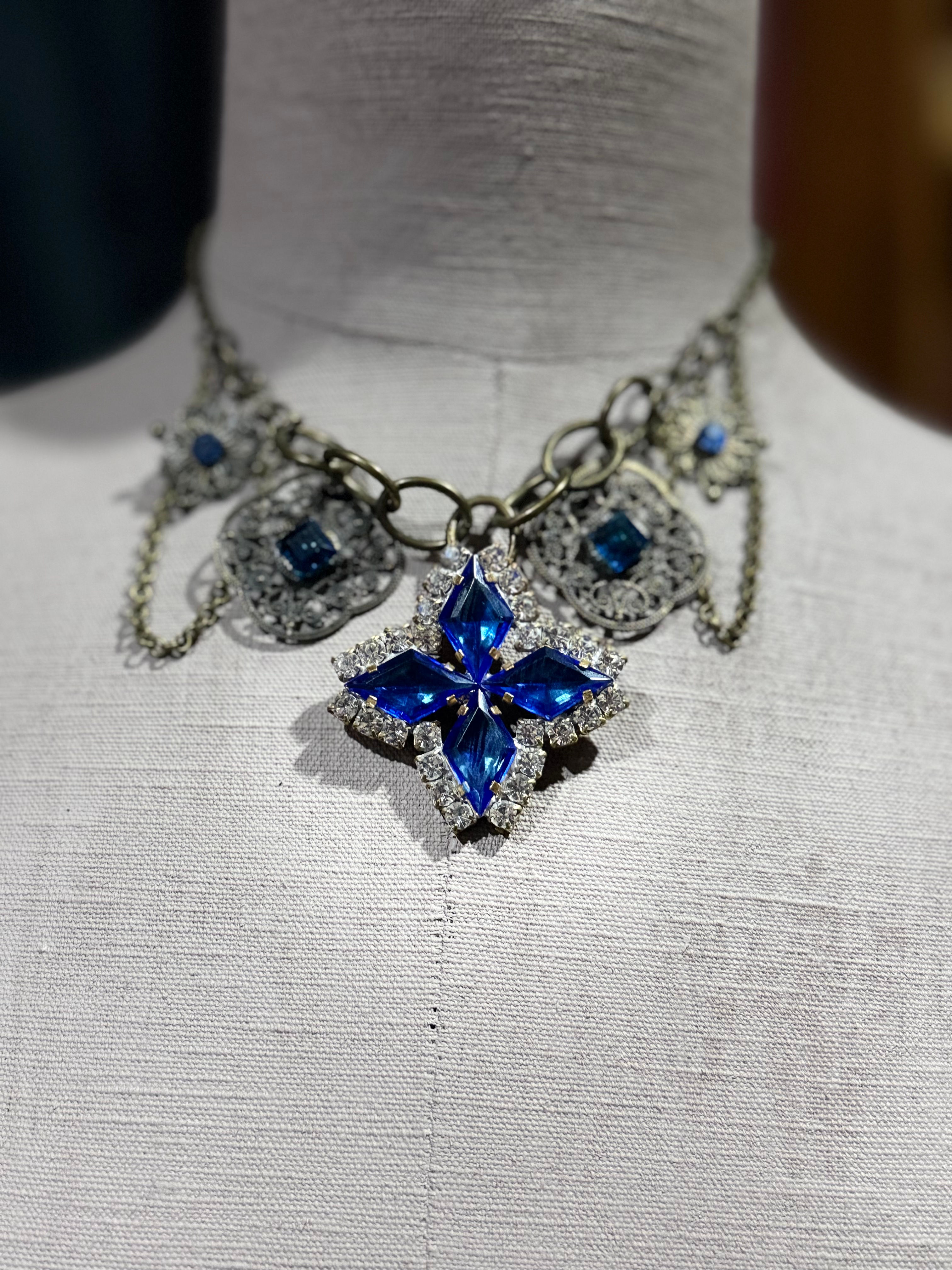 Navy Blue Czech Glass Statement Necklace | One-of-a-Kind Vintage Assemblage