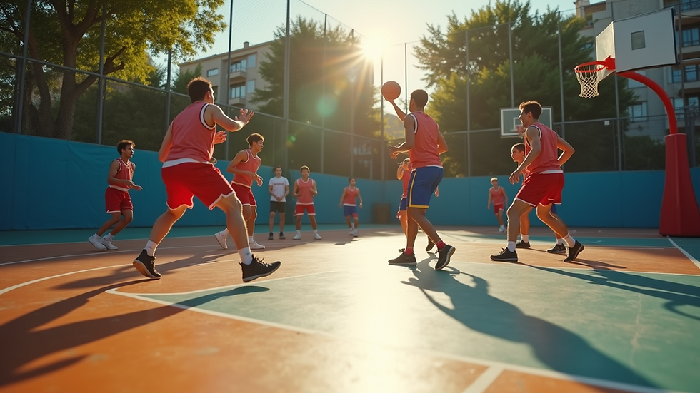 Eye-level view of a basketball court with players in action