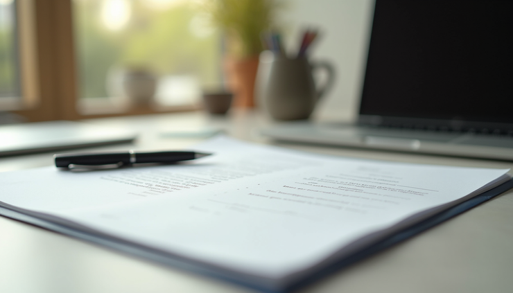 Eye-level view of a neatly organized desk with a strategic paper and pen