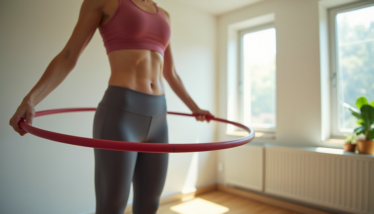 Eye-level view of a person using a weighted hula hoop in a bright living room