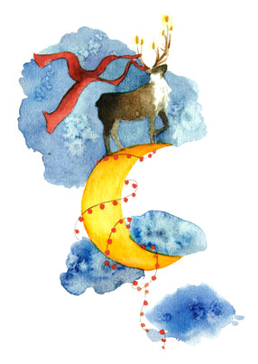illustration à l'aquarelle d'un renne avec une écharpe rouge et des bougies aux cors  sur un quartier de lune 