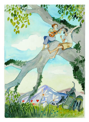 illustration à l'aquarelle d'un couple à la montagne, en train de jouer de la musique dans un arbre