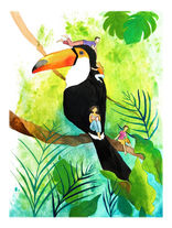 Illustration en technique traditionnelle d'un toucan dans une forêt tropicale pour un particulier- commande personnalisée pour cadeau 
