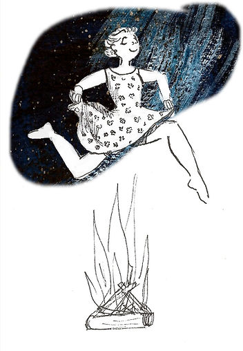 illustration noir et blanc d'une jeune fille sautant au dessus du feu