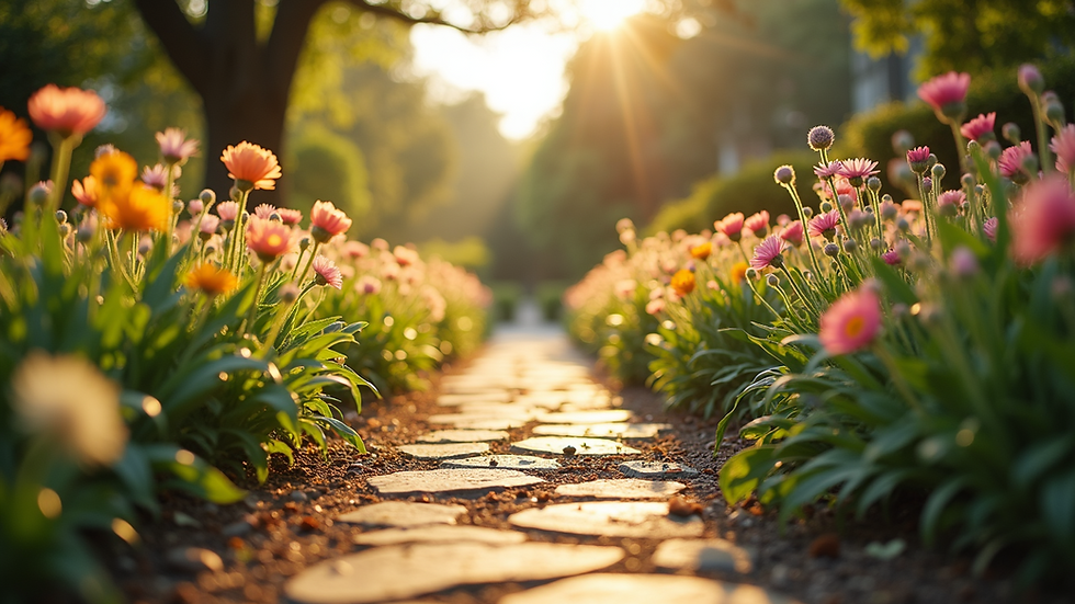 Eye-level view of a quiet, sunlit garden path surrounded by blooming flowers